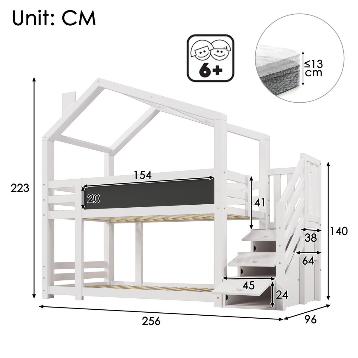 HAUSBETT 90/200 cm in Weiß mit Stauraum, Wandtafel und 2 Lattenrosten - Weiß, Holzwerkstoff (90/200cm) - BEAOK