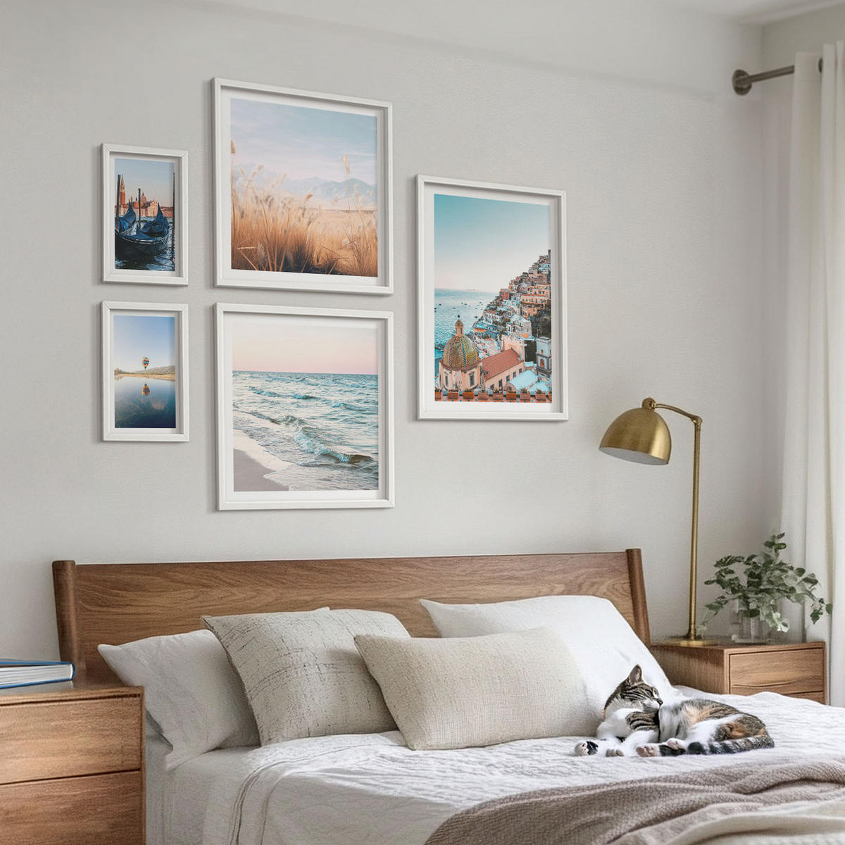 BILDER SET 5er Set - 50x50 cm & 20x30 cm & 40x60 cm Weißer Rahmen - Vögel im Flug, Himmel, Mond - Weiß, Kunststoff (40/60cm) - TULUP