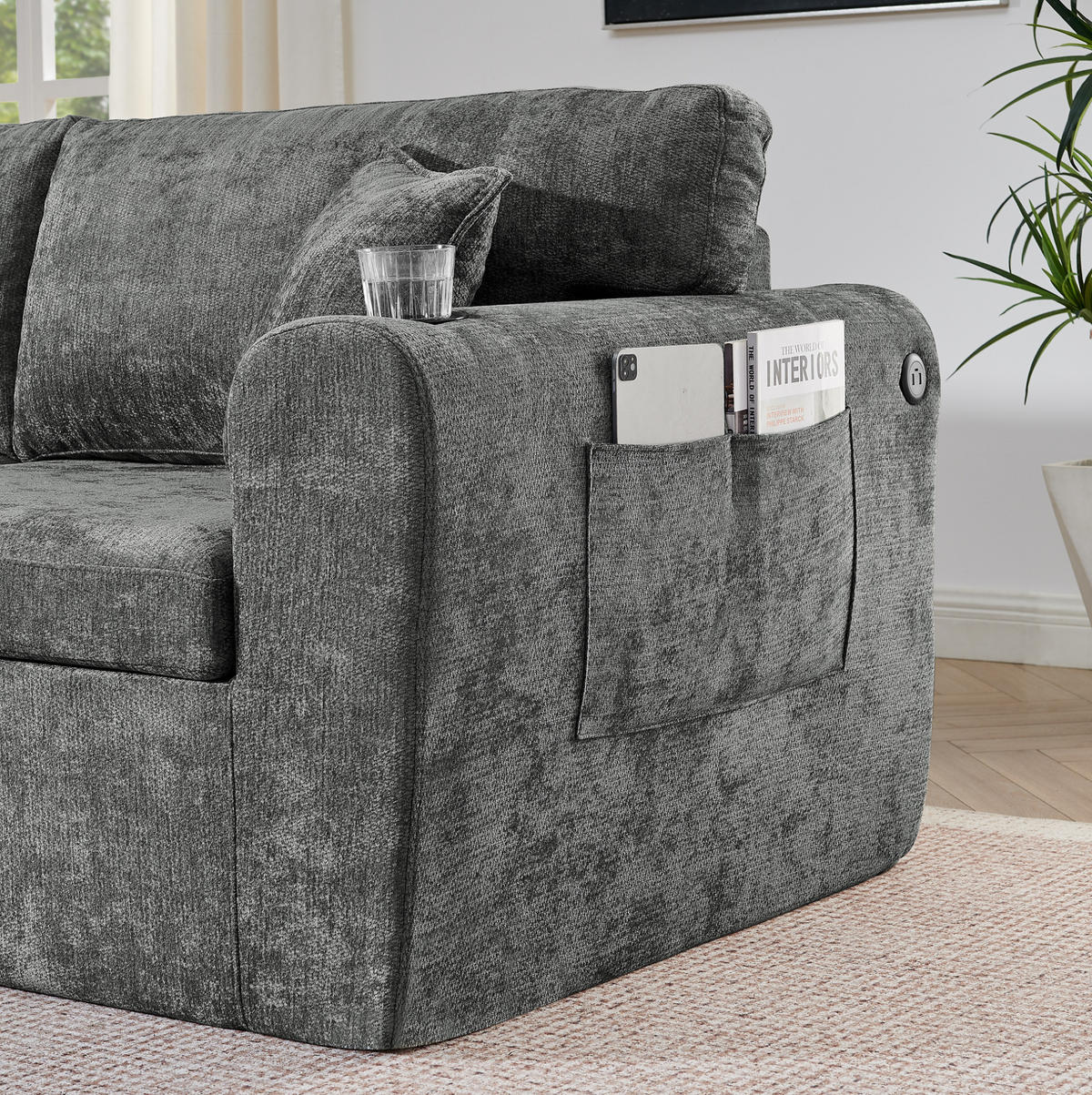 2-SITZER-RELAXSOFA mit USB und Getränkehalter Chenille Gray - Grau, Kunststoff (220/89/100cm) - Meubliv