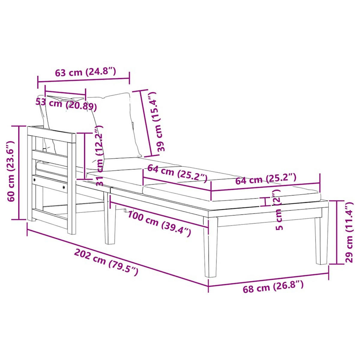 SONNENLIEGE mit Cremeweiß Ksisen und Armlehne, 202/66/60 cm, aus massivem Akazienholz - Weiß, Holz (66/60/202cm) - vidaXL