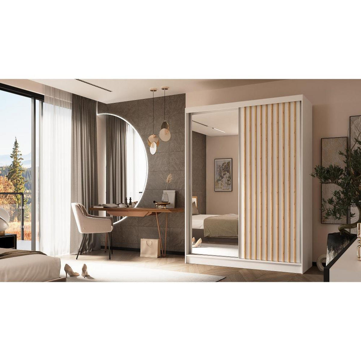 SCHWEBETÜRENSCHRANK Helix 160/216/61 weiß+eiche artisan mit Schubladeneinsätze - Weiß/Eiche Artisan, Holzwerkstoff (160/216/61cm) - Beautysofa