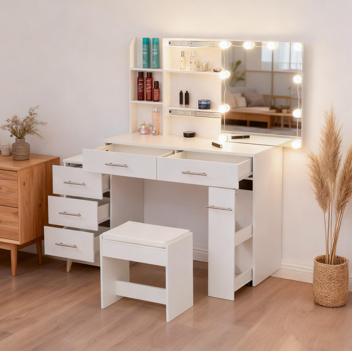 SCHMINKTISCH aus MDF 100x40x136 cm Weiß mit Schiebespiegel, verstecktem Stauraum, LED-Beleuchtung, Kommode, Eckregalen und Hocker - Weiß, Holzwerkstoff (100/136/40.5cm) - Modfu