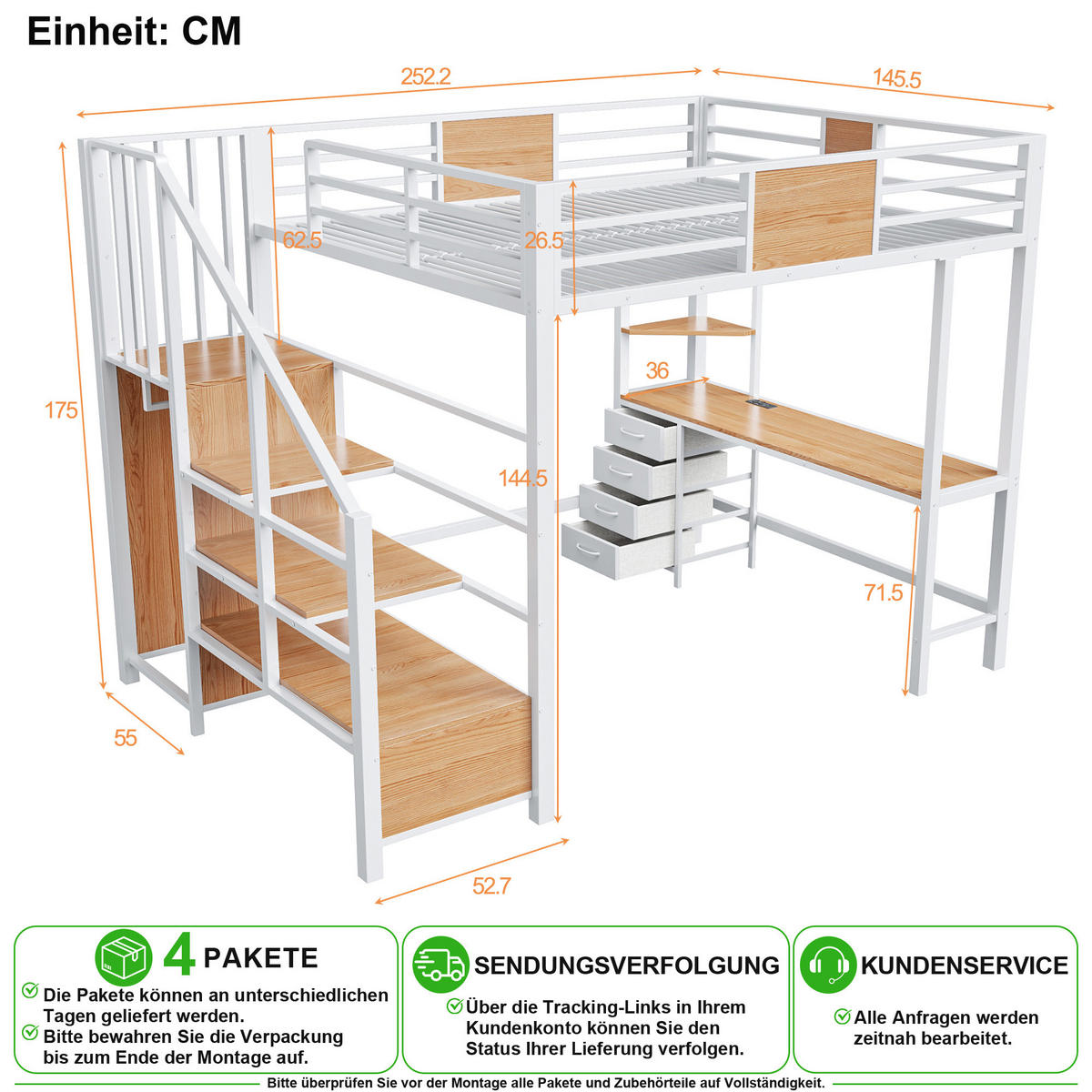 VYVÝŠENÁ POSTEL 140/200 cm v bílé barvě s psacím stolem, LED a zásuvkou - bílá, kov/kompozitní dřevo (140/200cm) - CHICFURN