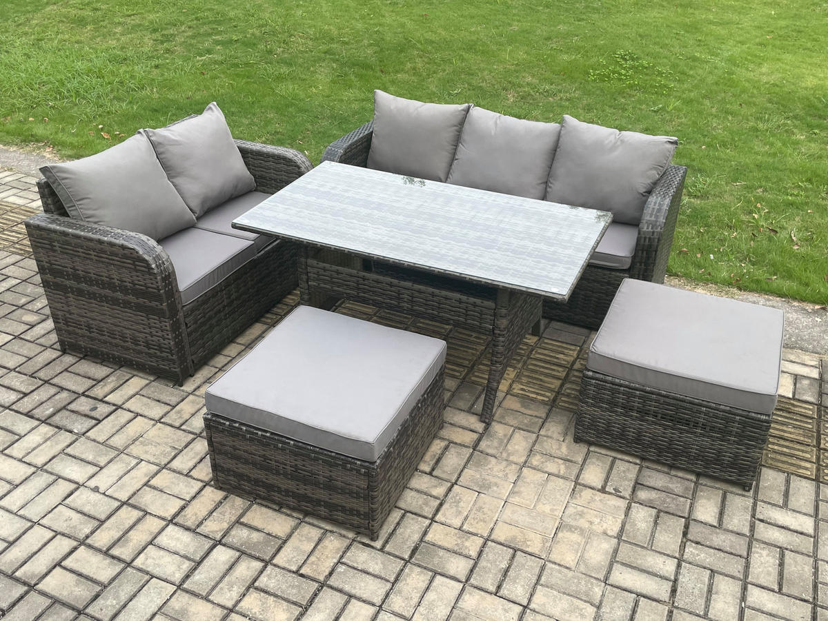 Gartenmöbelset mit Esstisch,Zweisitzer,Hockern Polyrattan Dunkelgrau 7-Sitzer - Dunkelgrau/Grau, Glas/Kunststoff - Fimous