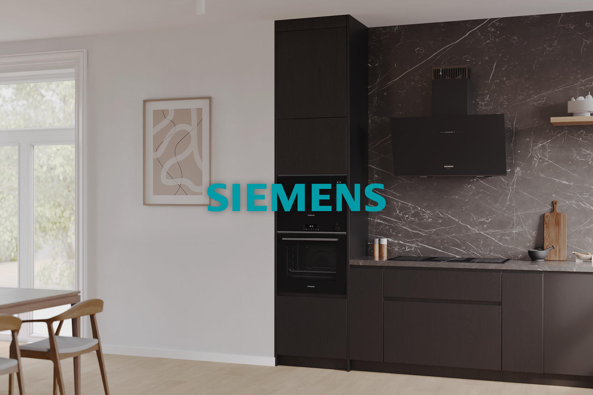 Eine dunkle Küche mit Siemens Hausgeräten