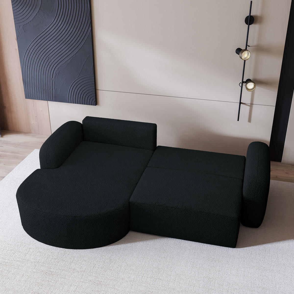 ECKSOFA AMILIA L-S Schwarz Boucle-Stoff mit Schlaffunktion - Schwarz, Holz (263/174cm) - MASSENO