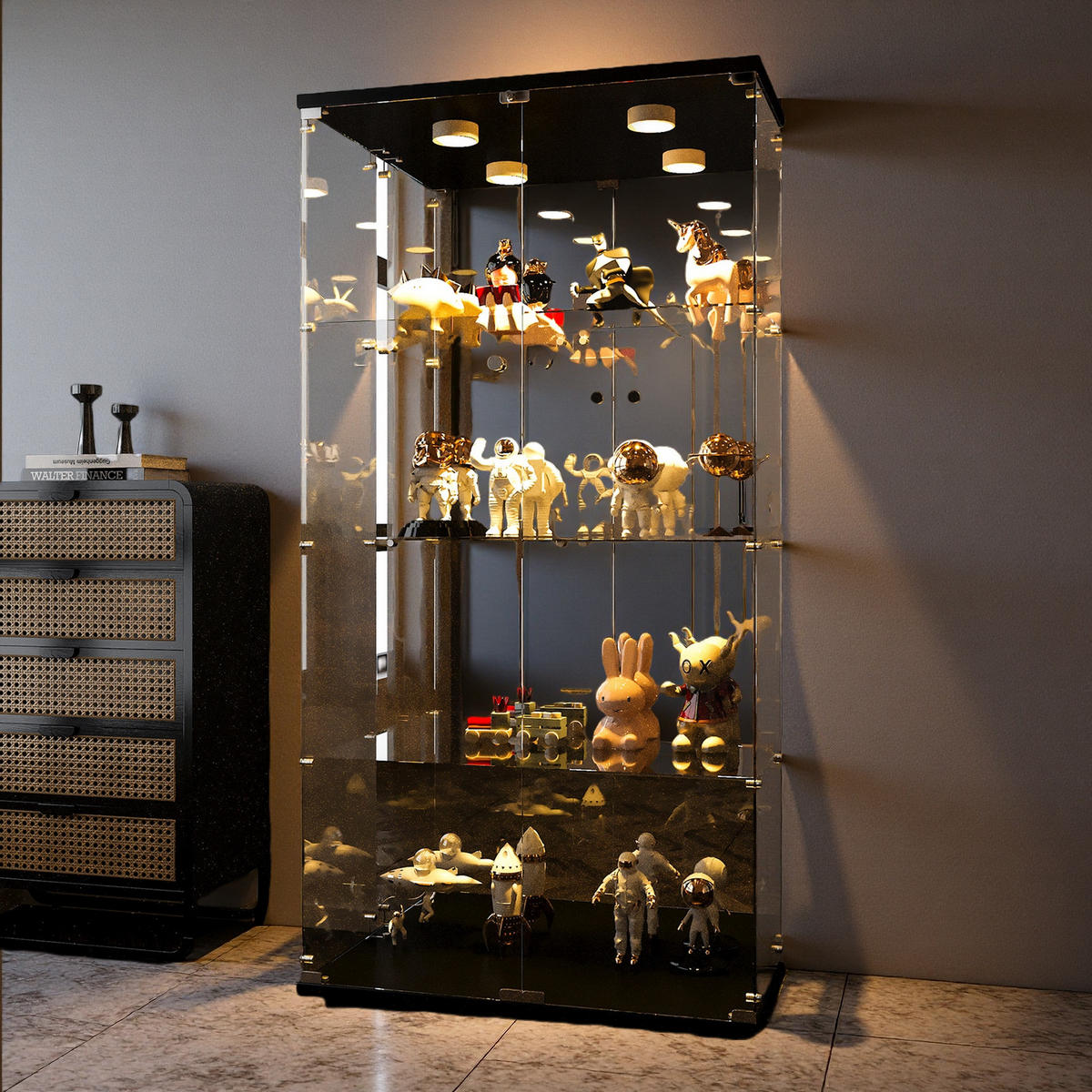 GLASVITRINE Doppeltür 80,5×36,5×163,9 cm schwarz mit LED, Spiegelrückwand & 4 Glasböden - Schwarz, Glas (36.5/164/80.5cm) - SHOPENTRA