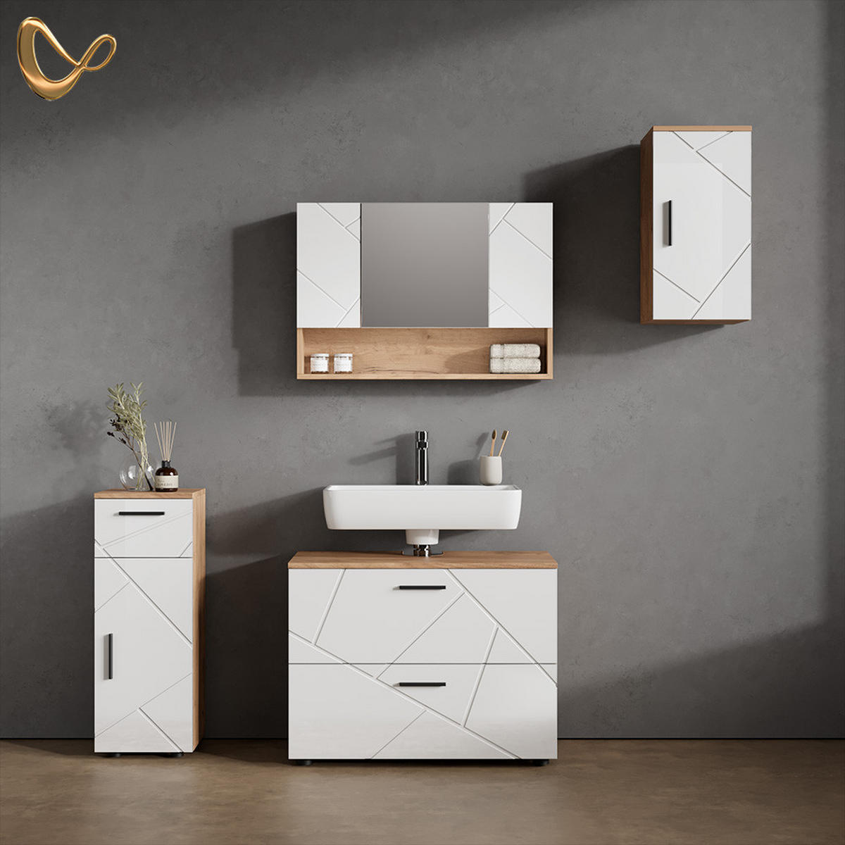 BADMÖBEL-SET Ronco Weiß Hochglanz/Goldkraft Eiche 4 Teile - Honigeiche/Weiß Hochglanz, Holzwerkstoff (80/58/41cm) - Livinity®