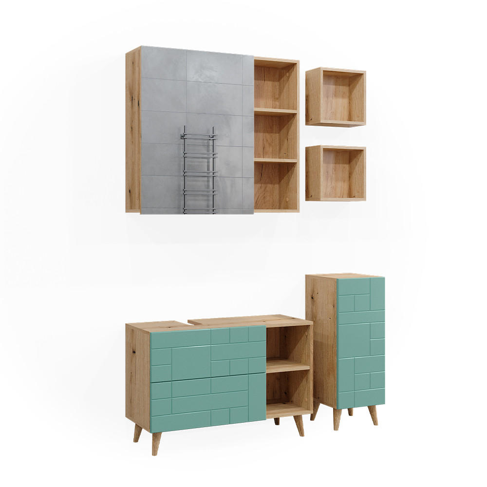 BADMÖBEL-SET Rudi Mintgrün 5 Teile - Eichefarben/Mintgrün, Holzwerkstoff (90/59/32cm) - Vicco