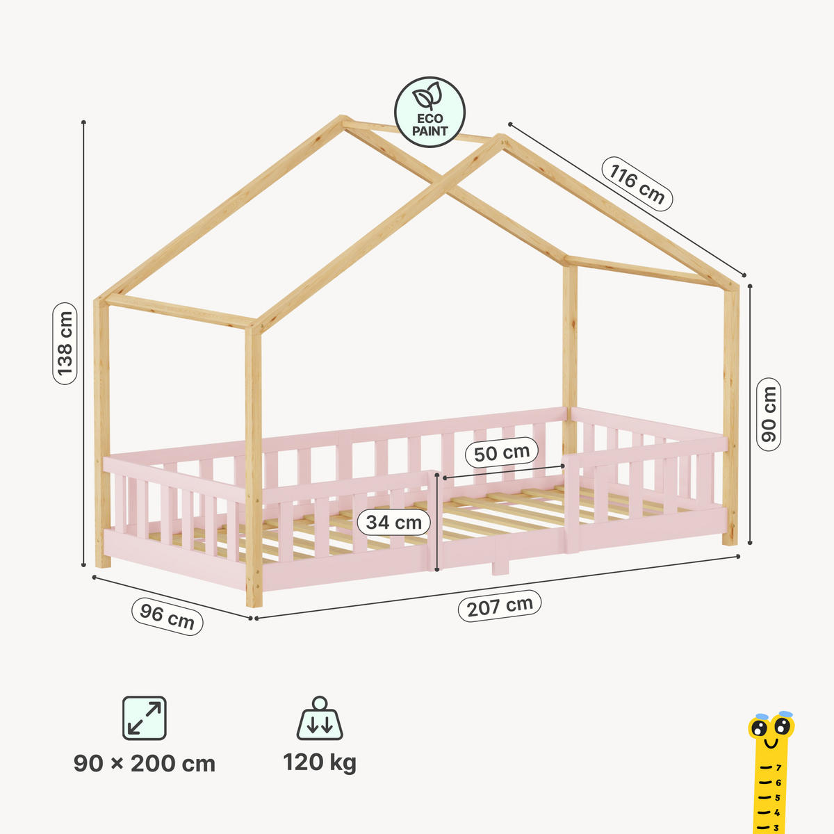 HAUSBETT Treviolo - Pink/Naturfarben, Holz (90/200cm) - [en.casa]
