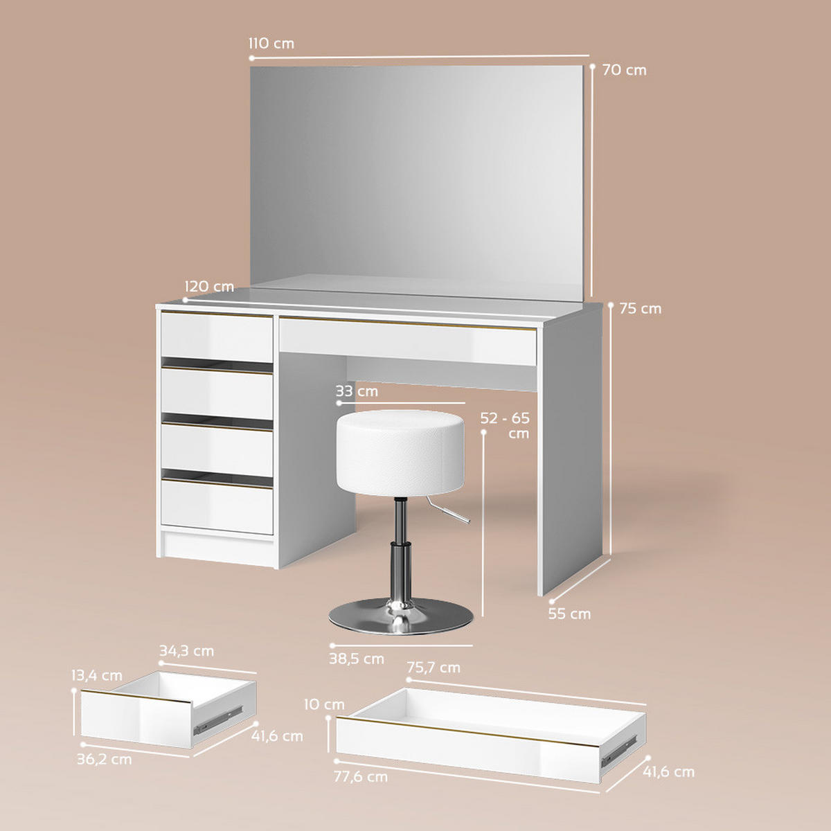 SCHMINKTISCH Imola Weiß/Gold 120 cm mit Hocker - Goldfarben/Weiß, Holzwerkstoff (120/75/55cm) - Livinity®
