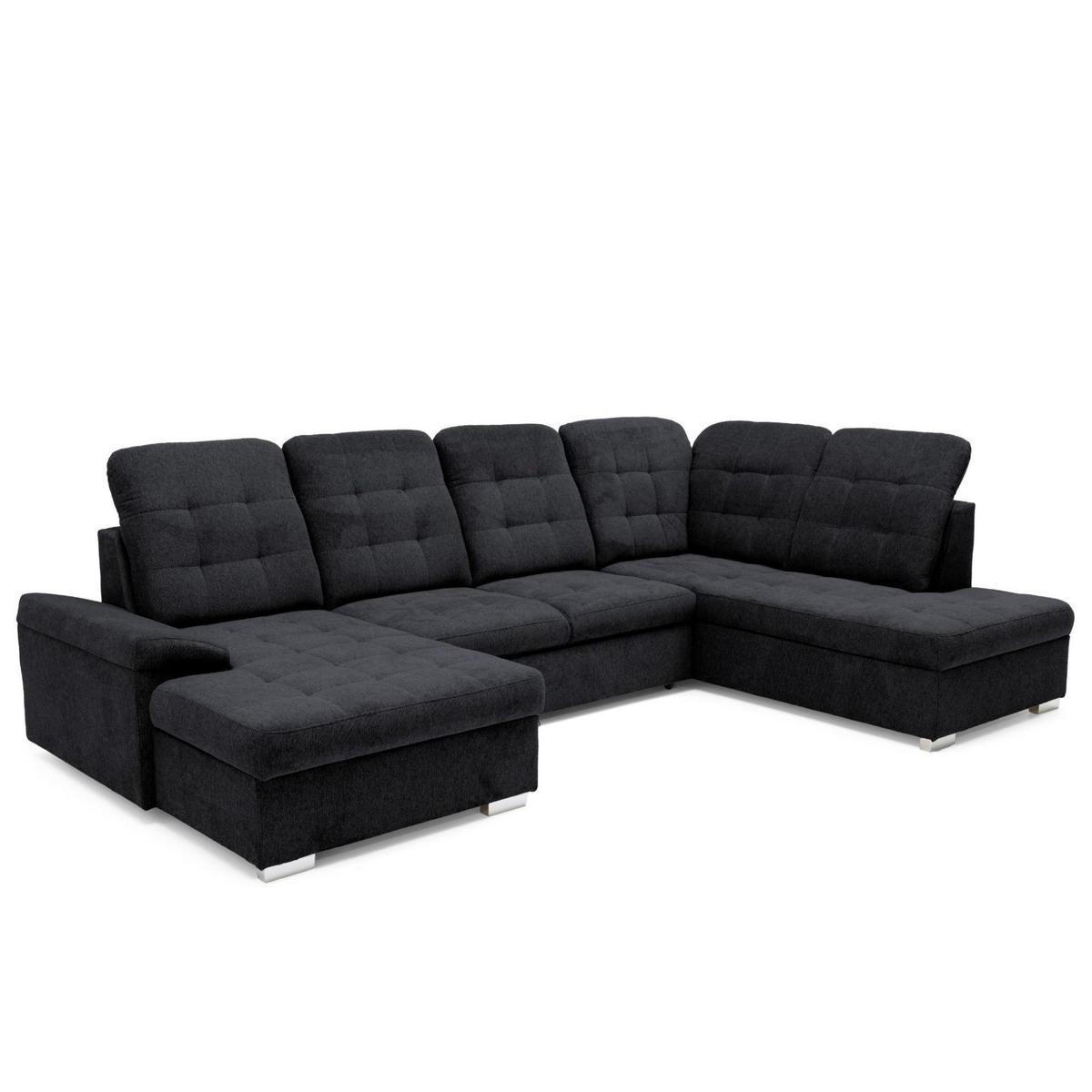 ECKSOFA U-Form OLIVIA U Rechts mit Schlaffunktion 124x257 Velours Schwarz - Silberfarben/Schwarz, Holz/Kunststoff (202/103/320cm) - Muffo