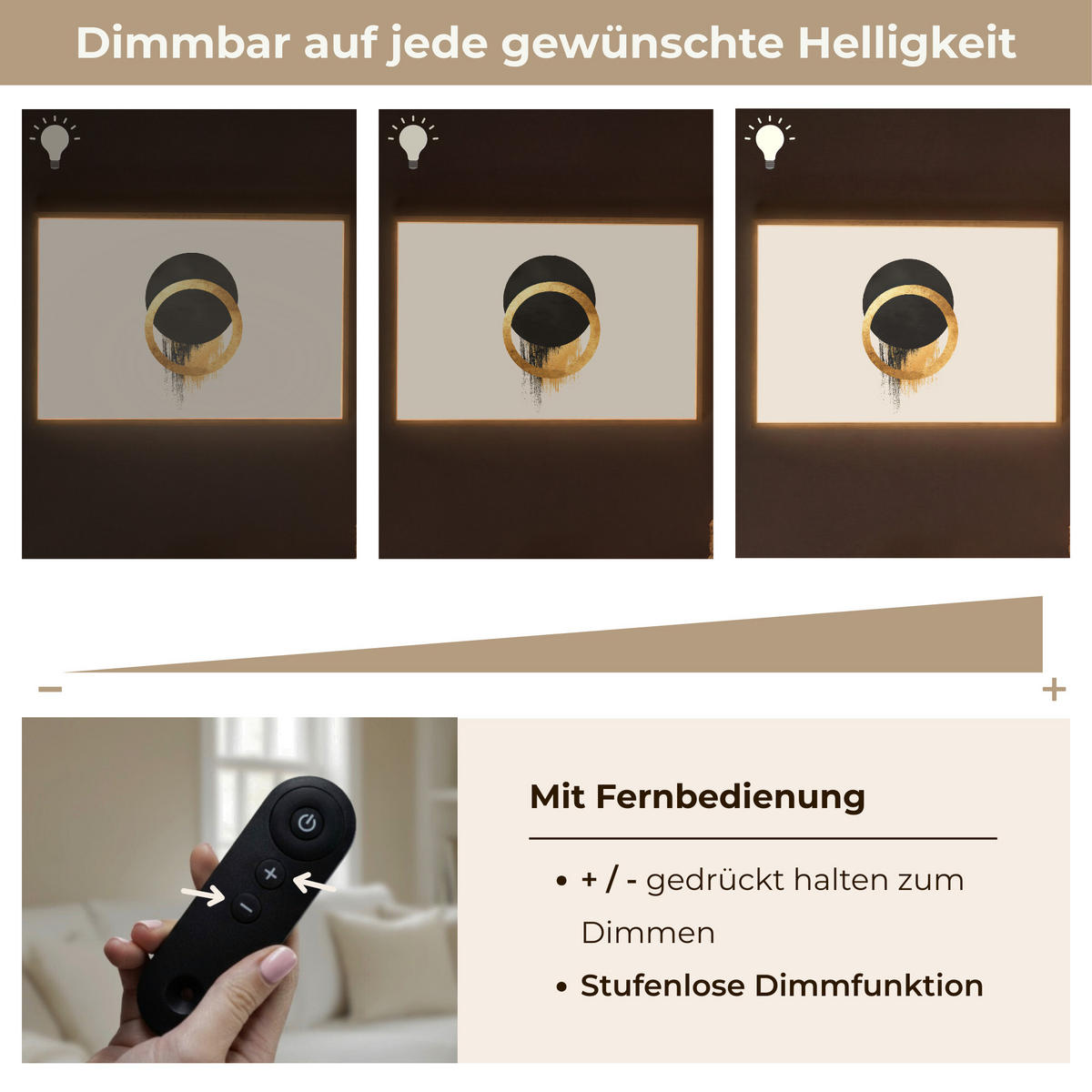 WANDLEUCHTE MIT AKKU Abstraktes Design - Schwarzer Kreis - Farbflecken 90x60 cm - Creme, Holzwerkstoff (90/60/8cm) - OnlyWow