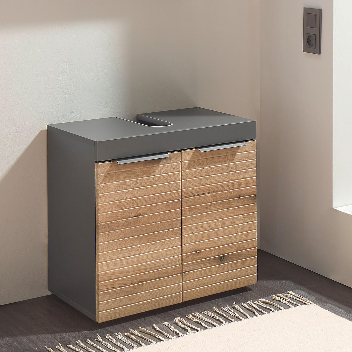 WASCHBECKENUNTERSCHRANK - Eichefarben/Graphitfarben, Holzwerkstoff (60/61/35cm) - home24