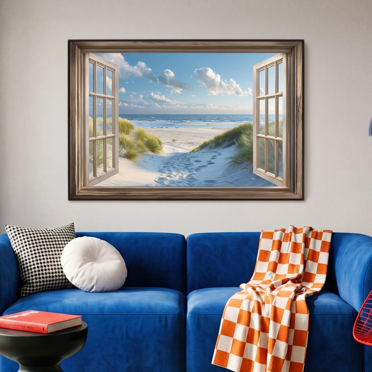 LEINWAND Bilder mit Rahmen - Aussicht - Strand - Fenster - Dünen - Meer - 90x60 - Hellblau, Textil (90/60cm) - MuchoWow