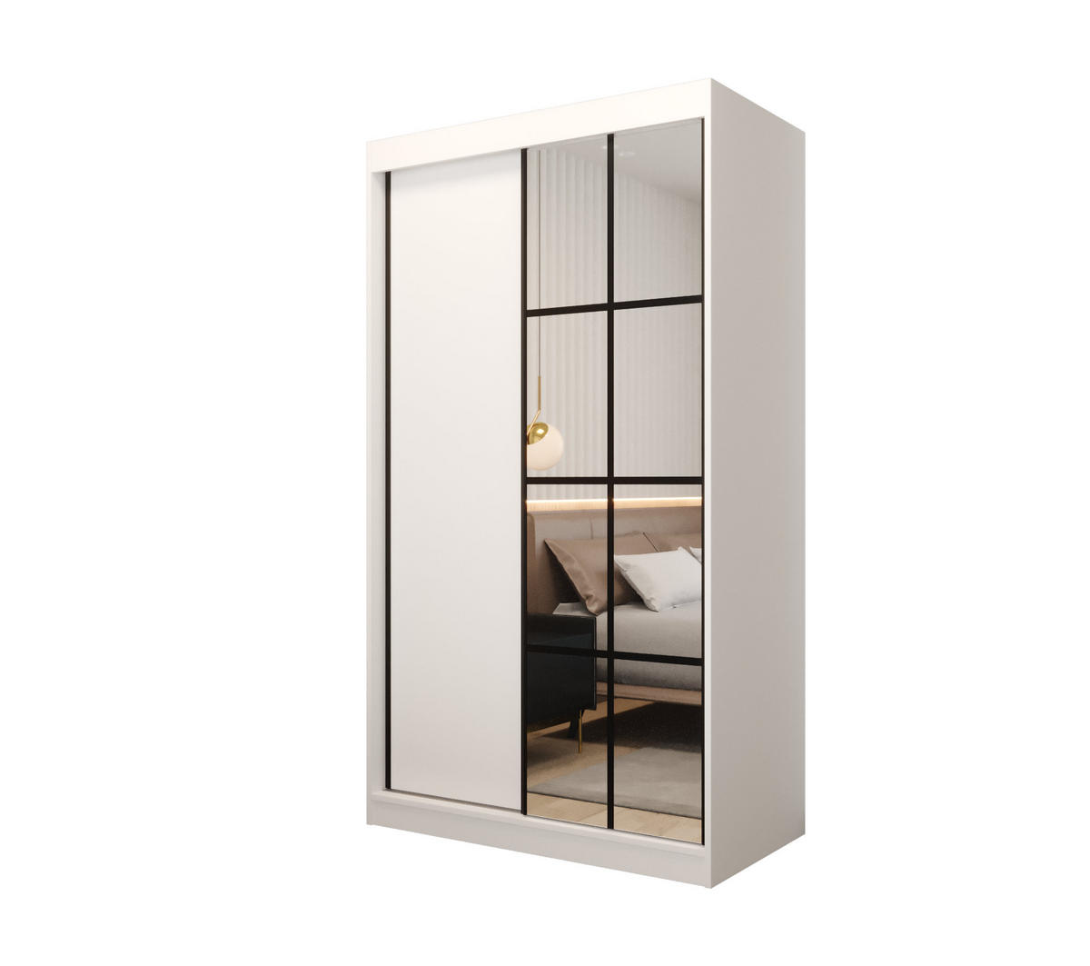 SCHIEBETÜRENSCHRANK MODENA 2 120, 2-türig Kleiderschrank mit 1 Spiegel, Moderne Garderobe, Schrank in Größe: 120 x 216 x 65 cm - Schwarz/Weiß, Holzwerkstoff (120/216/65cm) - O-Sofa
