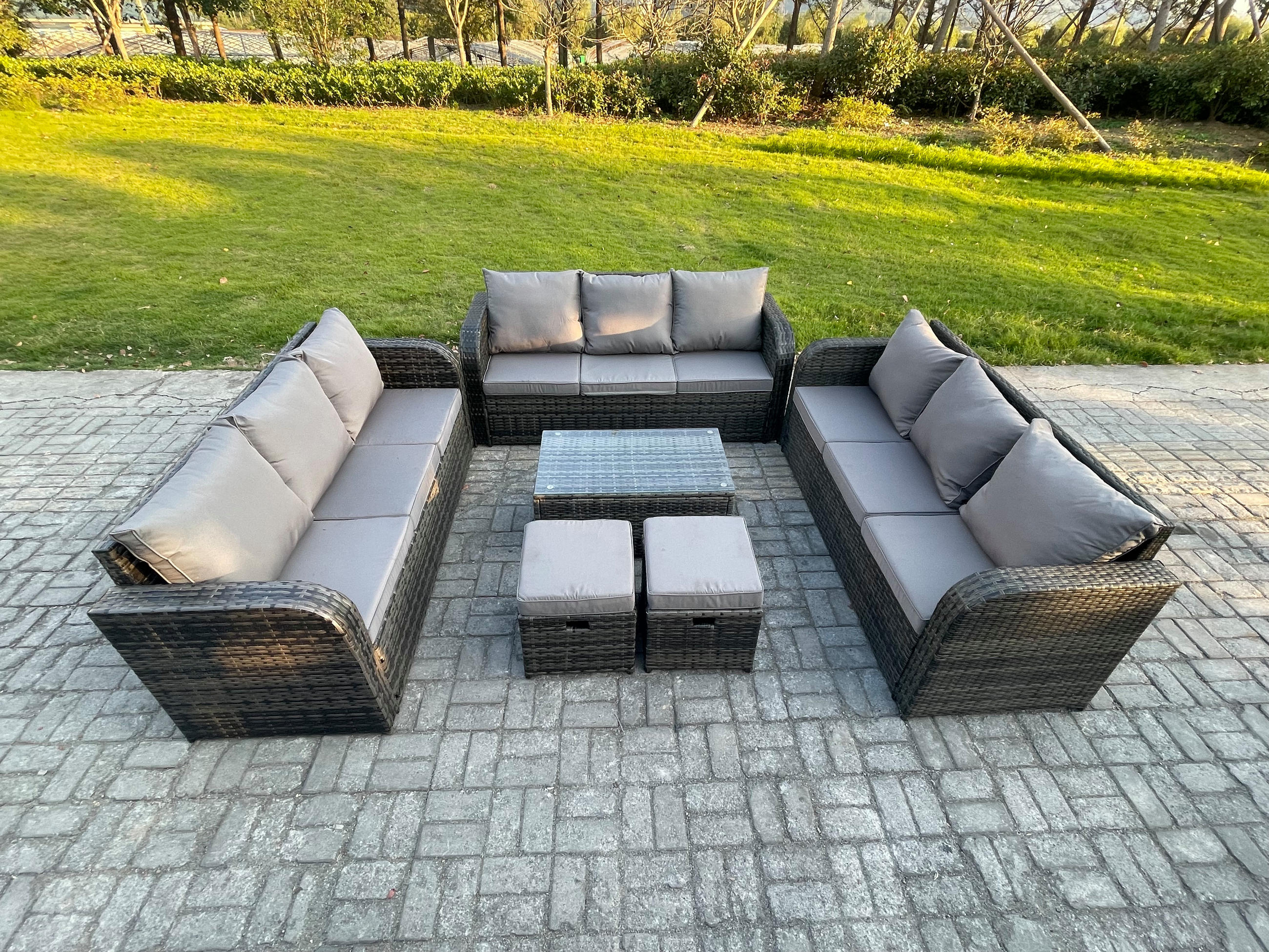 GARTENMÖBELGARNITUR mit KISSEN Polyrattan Dunkelgrau 11-Sitzer - Dunkelgrau/Grau, Glas/Kunststoff - Fimous