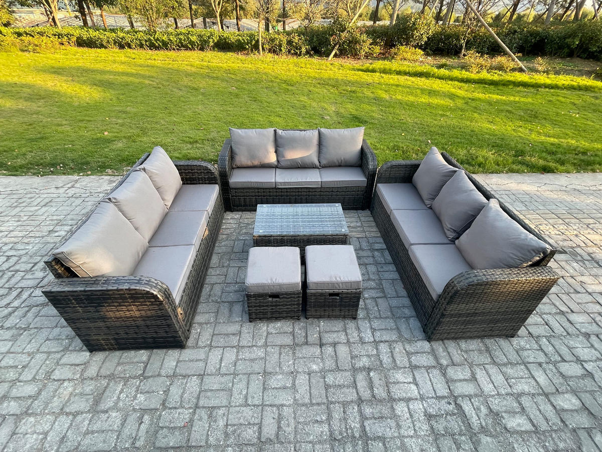 GARTENMÖBELGARNITUR mit KISSEN Polyrattan Dunkelgrau 11-Sitzer - Dunkelgrau/Grau, Glas/Kunststoff - Fimous