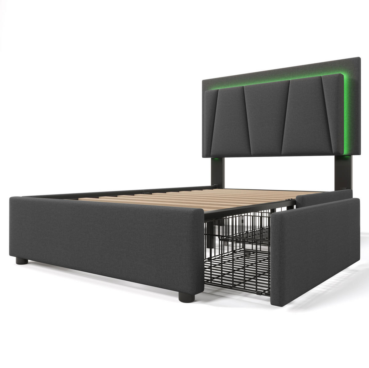 POLSTERBETT 90/200 cm mit LED-Beleuchtung, 2 Schubladen & verstellbarem Kopfteil, Grau - Grau, Holz (90/200cm) - Redom