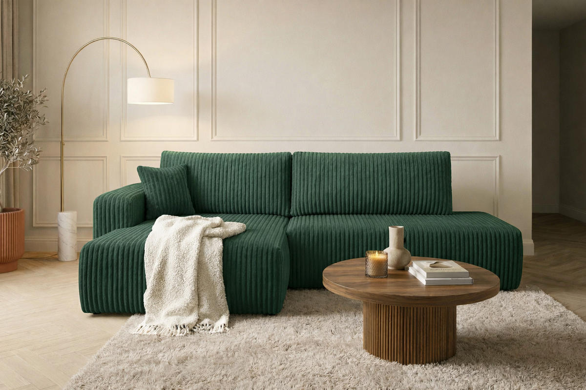 ECKSOFA Mit Schlaffunktion Und Bettkasten, Cordstoff Tilia, Grün, Links, OPEN XL - Grün, Holz (262/145cm) - Kaiser Möbel