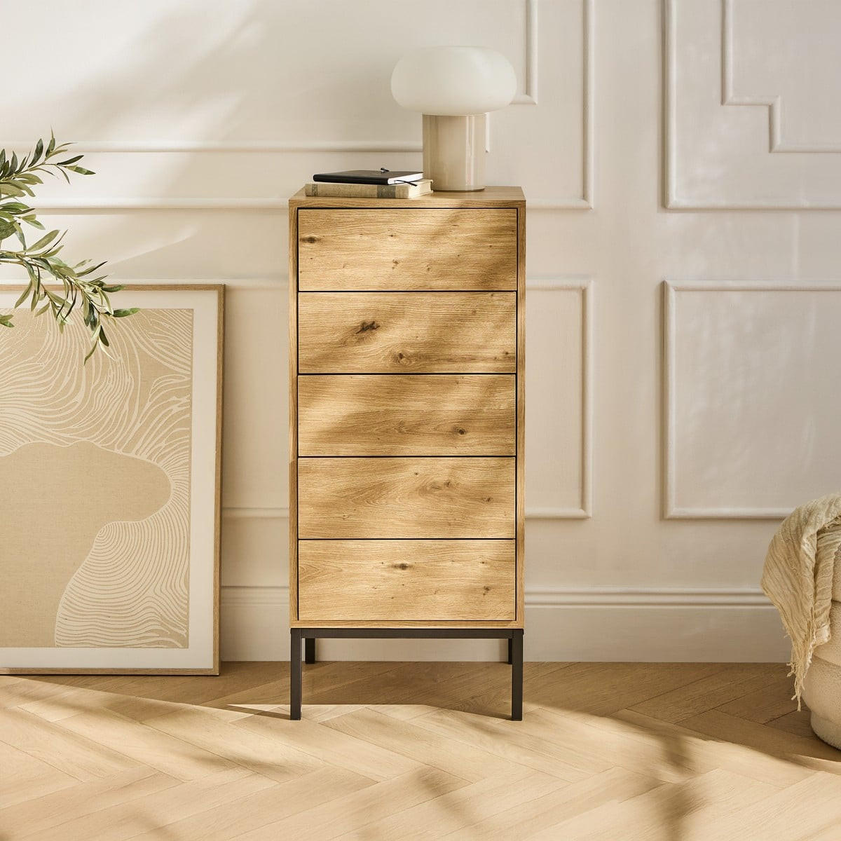 HOCHKOMMODE mit 5 Schubladen und Metallfüßen 45/38/100 cm - Eschefarben, Holzwerkstoff (38/100/45cm) - Calicosy