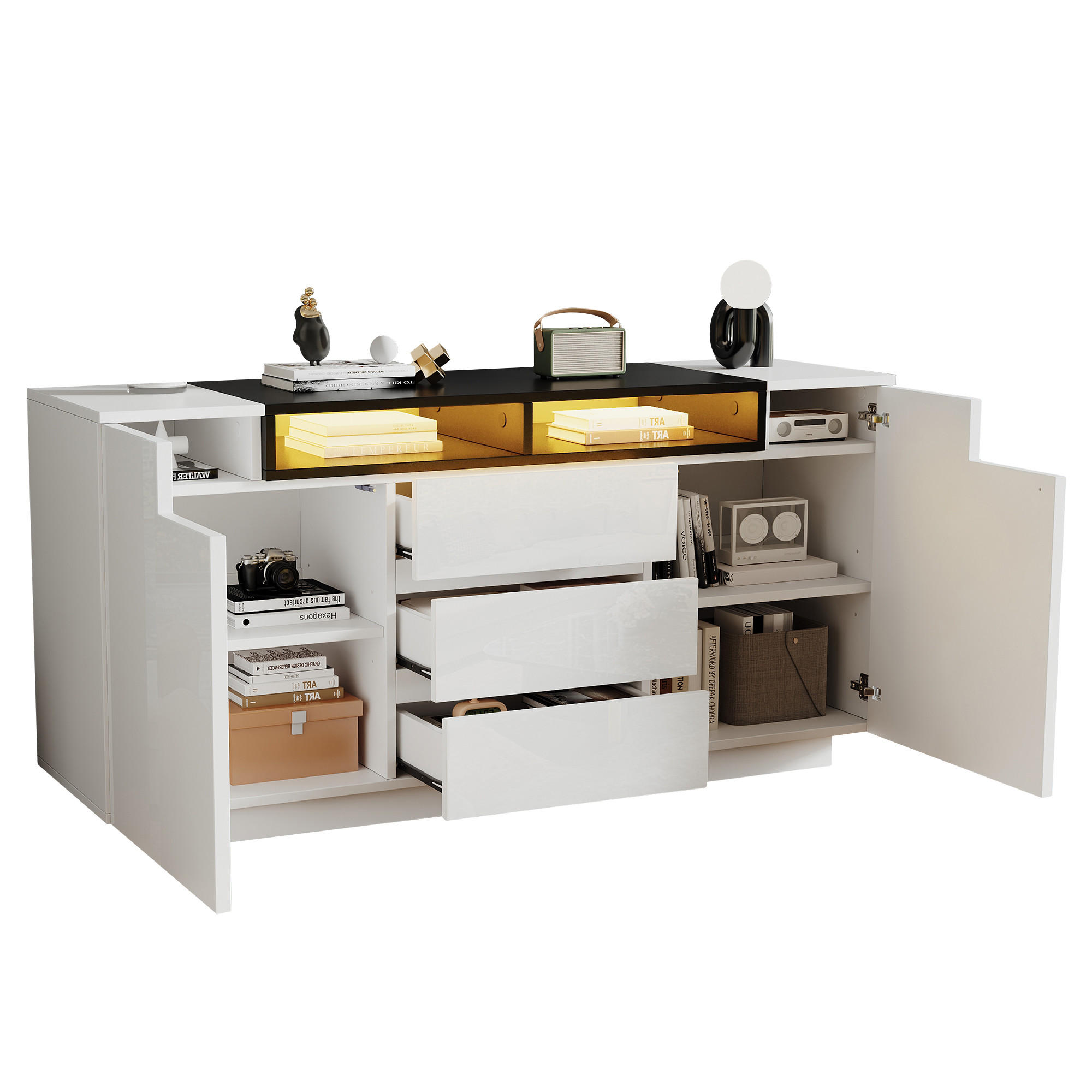 SIDEBOARD 140x40x65cm Mit 3 Schränken 4 Türen LED & Farbblockierung - Weiß, Holzwerkstoff (40/68/140cm) - FLIEKS