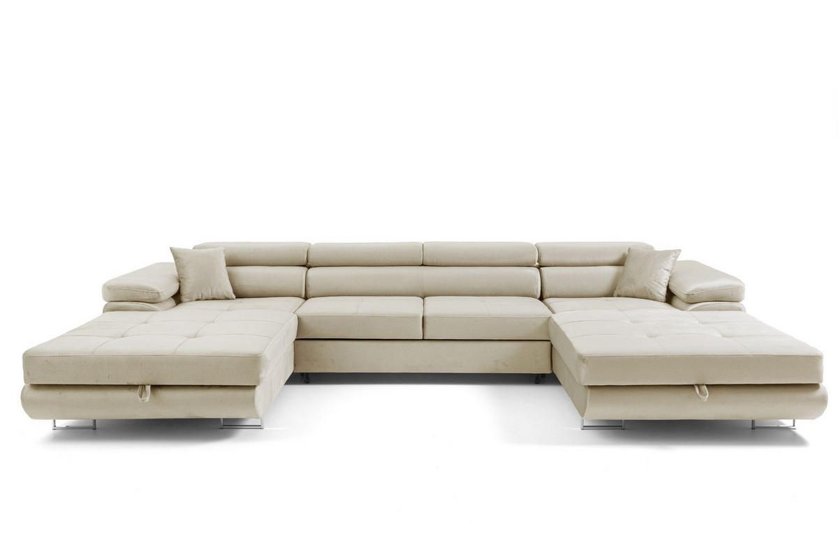 ECKSOFA U-Form ALONZO U mit Schlaffunktion 130x280 Velours Beige - Beige/Silberfarben, Holz/Textil (350/90/203cm) - Muffo