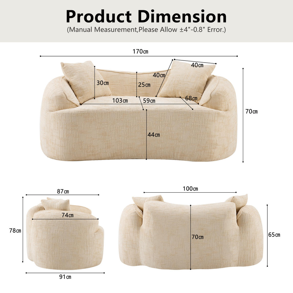 2-SITZER-SOFA DE-34984 gebogen mit 2 Kissen Beige - Beige, Textil (87/65/170cm) - ComfortXL
