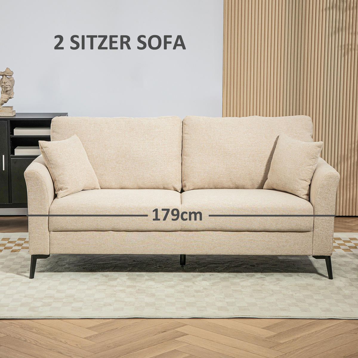 2 Sitzer Sofa, Couch mit Leinenoptik, Metallbeine, Polstersofa Doppelsofa - Beige/Schwarz, Textil/Metall (80/89/179cm) - HOMCOM