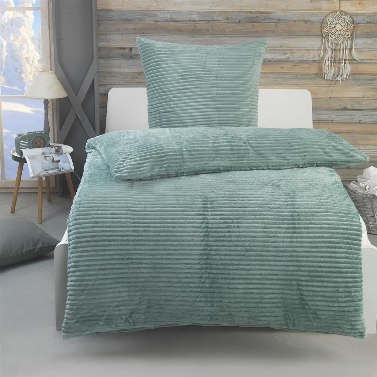 WINTER-BETTWÄSCHE 135x200 Cashmere Touch - Warme Plüsch Rip Cord Kuschelbettwäsche- Salbeigrün - Salbeigrün, Textil (135/200cm) - Carpe Sonno