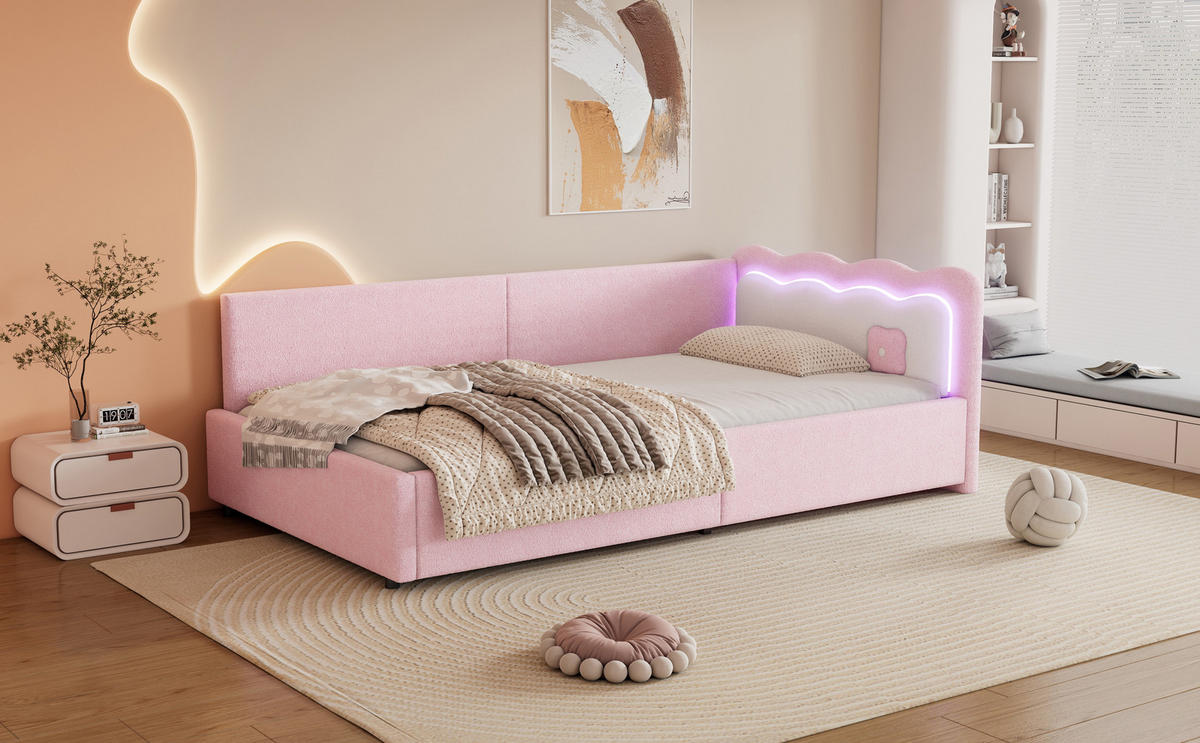 TAGESBETT 90/200 cm mit Vliesbezug, Lattenrost und LED-Beleuchtung, Rosa - Pink, Textil