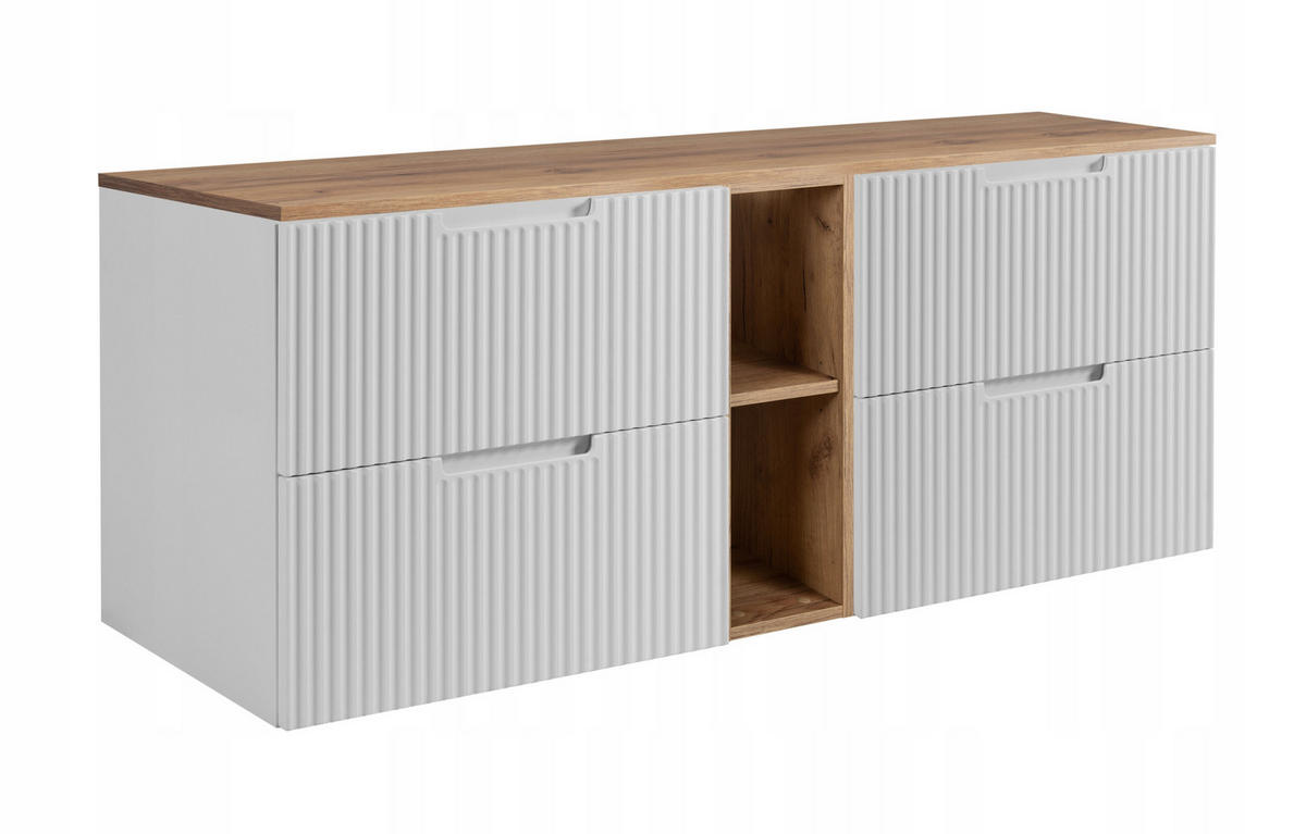 WASCHBECKUNTERSCHRANK VENA 140 cm mit Arbeitsplatte Farbe: Eichen Craft mit einem Regal Gerillte Vorderseite Mattweiß - Eichefarben/Weiß, Holzwerkstoff (140/58/46cm) - Rodan