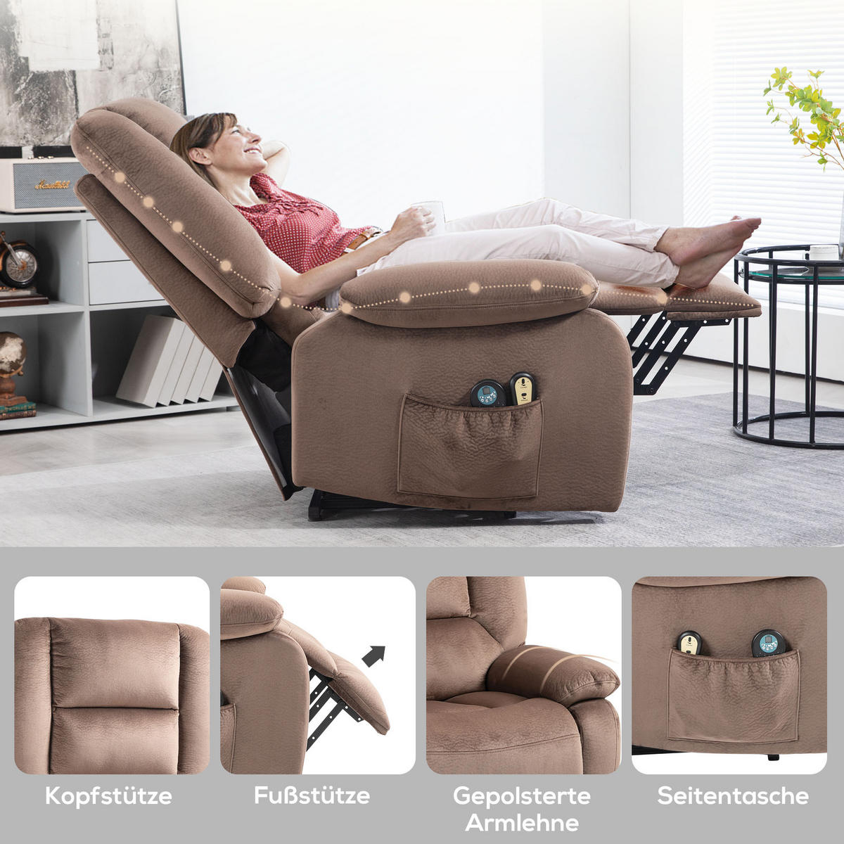 MASSAGESESSEL DE-06409 45° Lift, 135° neigbar, 8 Massagepunkte Braun - Braun, Textil/Metall (93/110/90cm) - ComfortXL