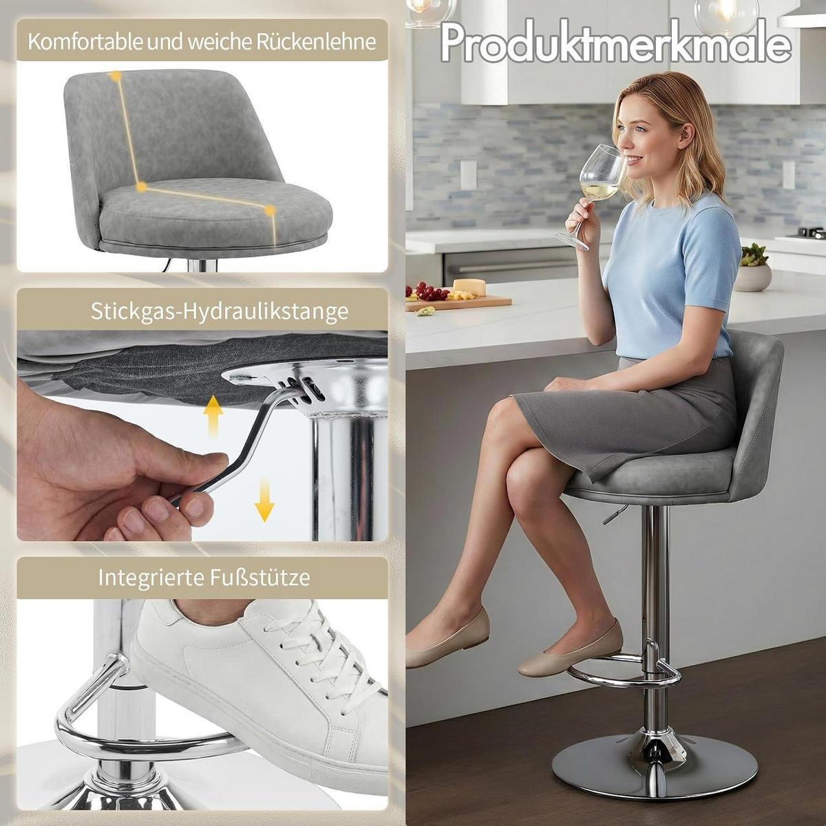 BARHOCKER 2er Set höhenverstellbar Kunstleder Dunkelgrau - Grau, Kunststoff (48/85/45cm)