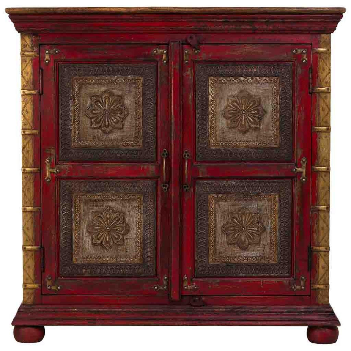 HANDGEFERTIGTES Sideboard aus geschnitztem Holz 90x40x90 cm - Rot, Holz (90/90/40cm) - Wanderlust