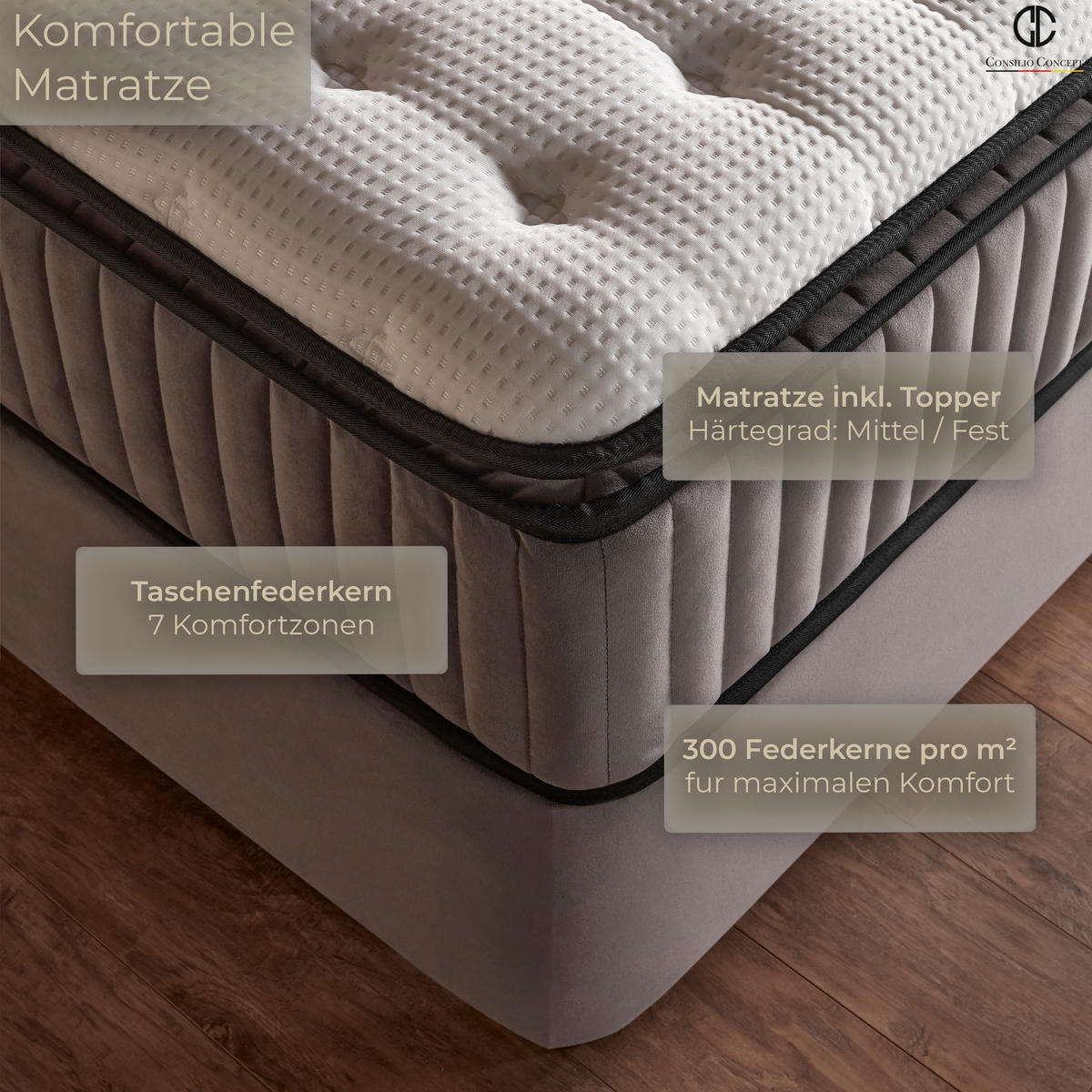 BOXSPRINGBETT MIT BETTKASTEN SIENA 140/200 cm, Grau, Bettkasten, Matratze, Topper integriert, H3 mittel, 7-Zonen Matratze - Schwarz/Grau, Holz/Kunststoff (140/200cm) - Consilio Concept
