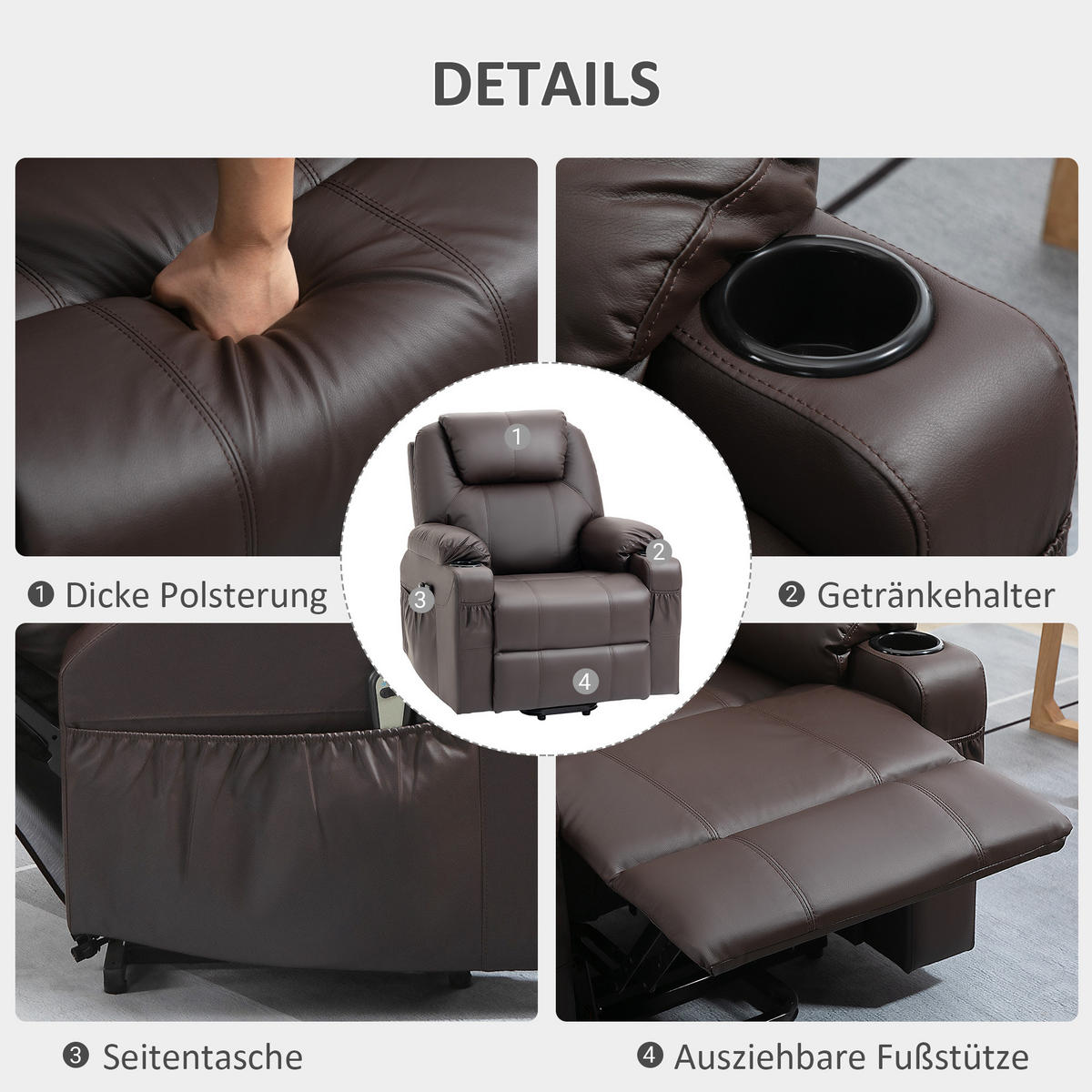 SESSEL mit Aufstehhilfe, Braun - Braun, Kunststoff (99/106/88cm) - HOMCOM