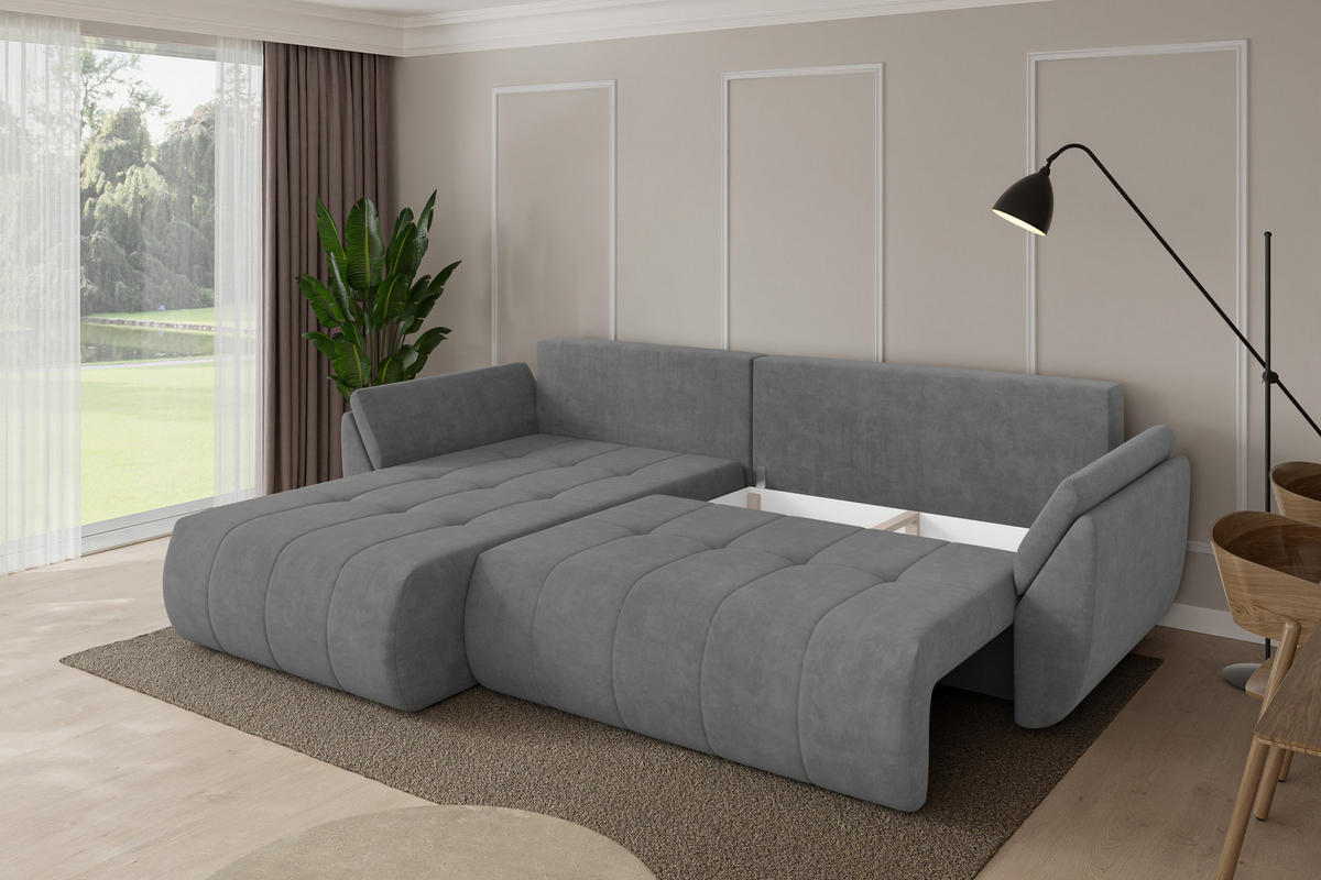 ROHOVÁ SEDAČKA s funkcí spaní, otoman vlevo TOKO-L 277x194x86 šedá velur - černá/šedohnědá, kompozitní dřevo/textil (277/194cm) - ALTDECOR