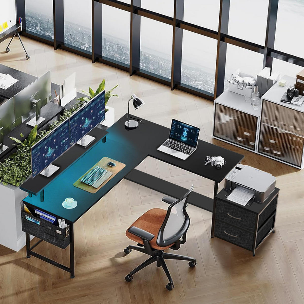 GAMINGTISCH L-förmig,120 x 120 x 75 cm,Eckschreibtisch mit Ablagefach,mit Monitorständer,2 USB mit 3 Buchsen,Schwarz - Schwarz, Metall (120/40/75cm)