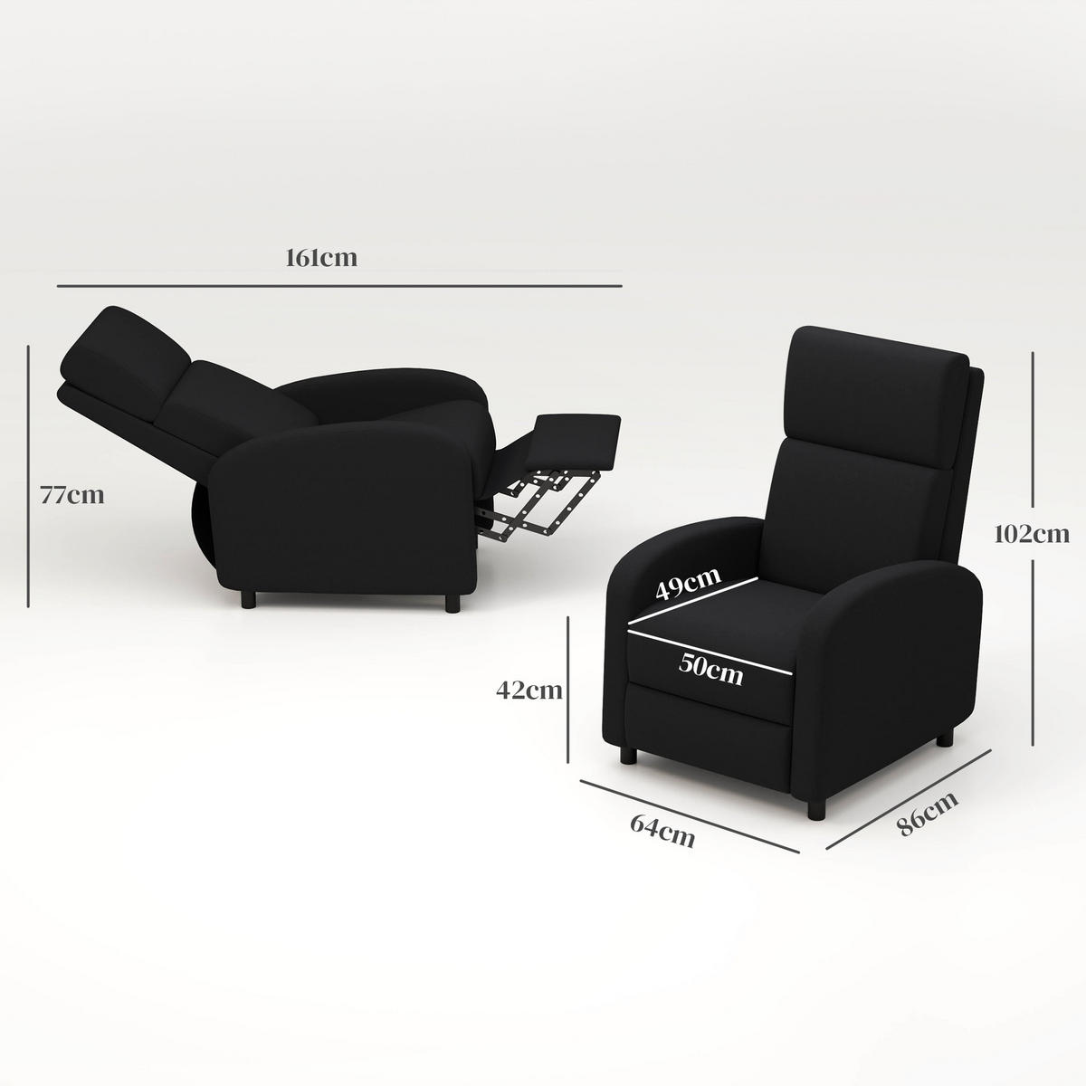 RELAXSESSEL,MANUELL 160° Leinenoptik Fußstütze,schwarz - Schwarz, Textil (64/102/86cm) - Vallsero