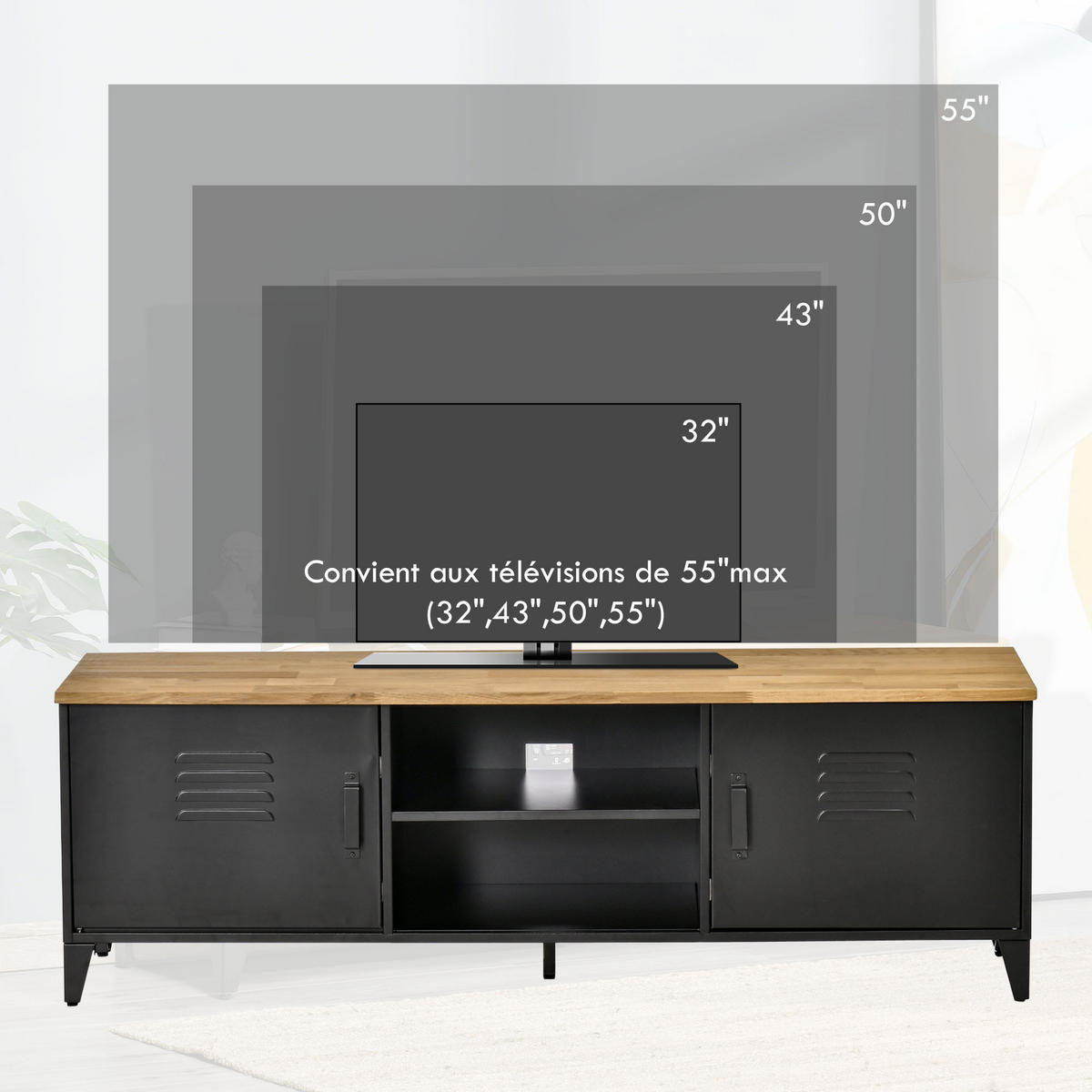LOWBOARD DE-16082 150/40/50 cm Schwarz/Naturholz - Schwarz, Metall (150/50/40cm) - ComfortXL