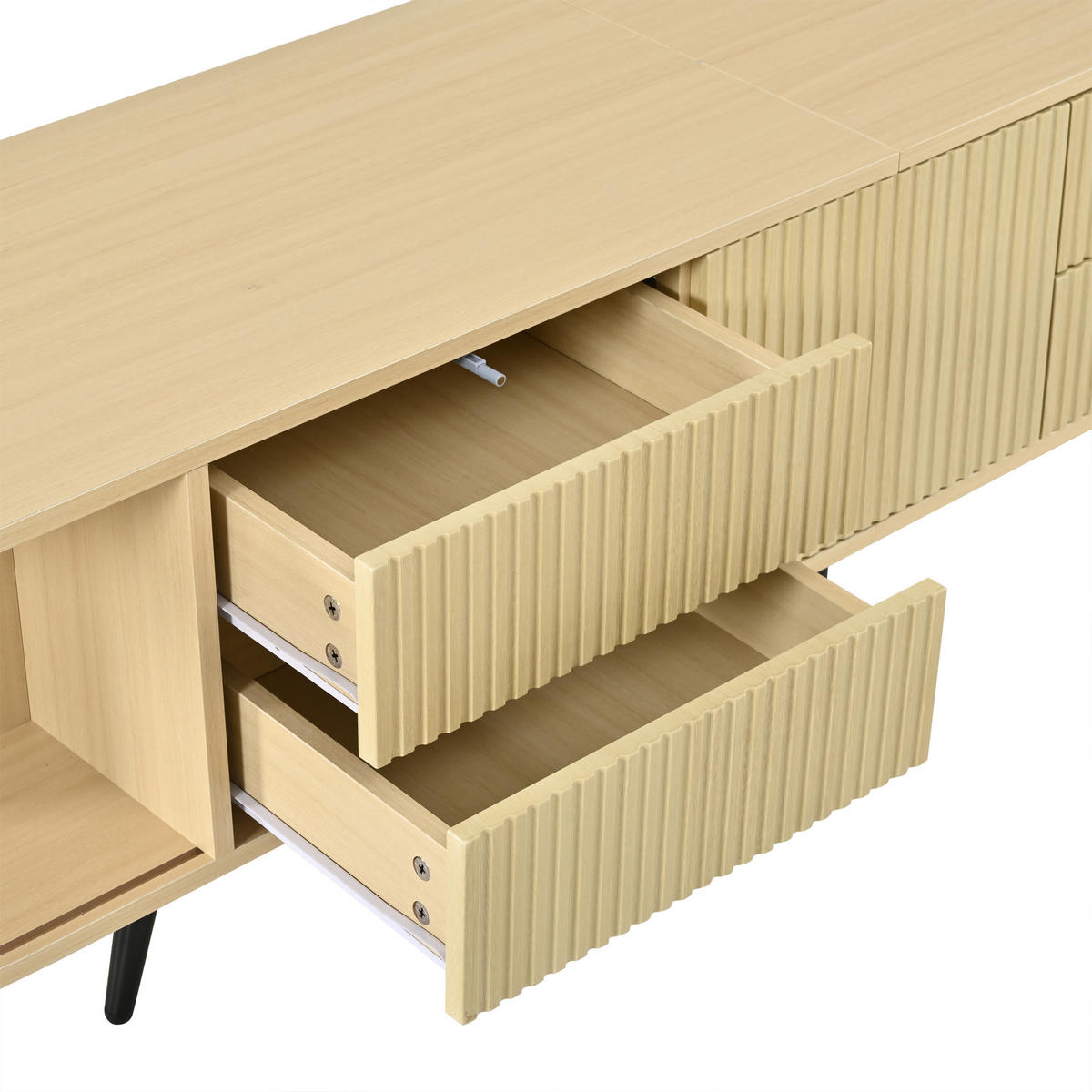 TV komoda 180/40/45 cm s kliznim vratima, 4 ladice i okomitim prugastim uzorkom u izgledu drva - prirodne boje, drvni materijal (180/45/40cm) - CHICFURN