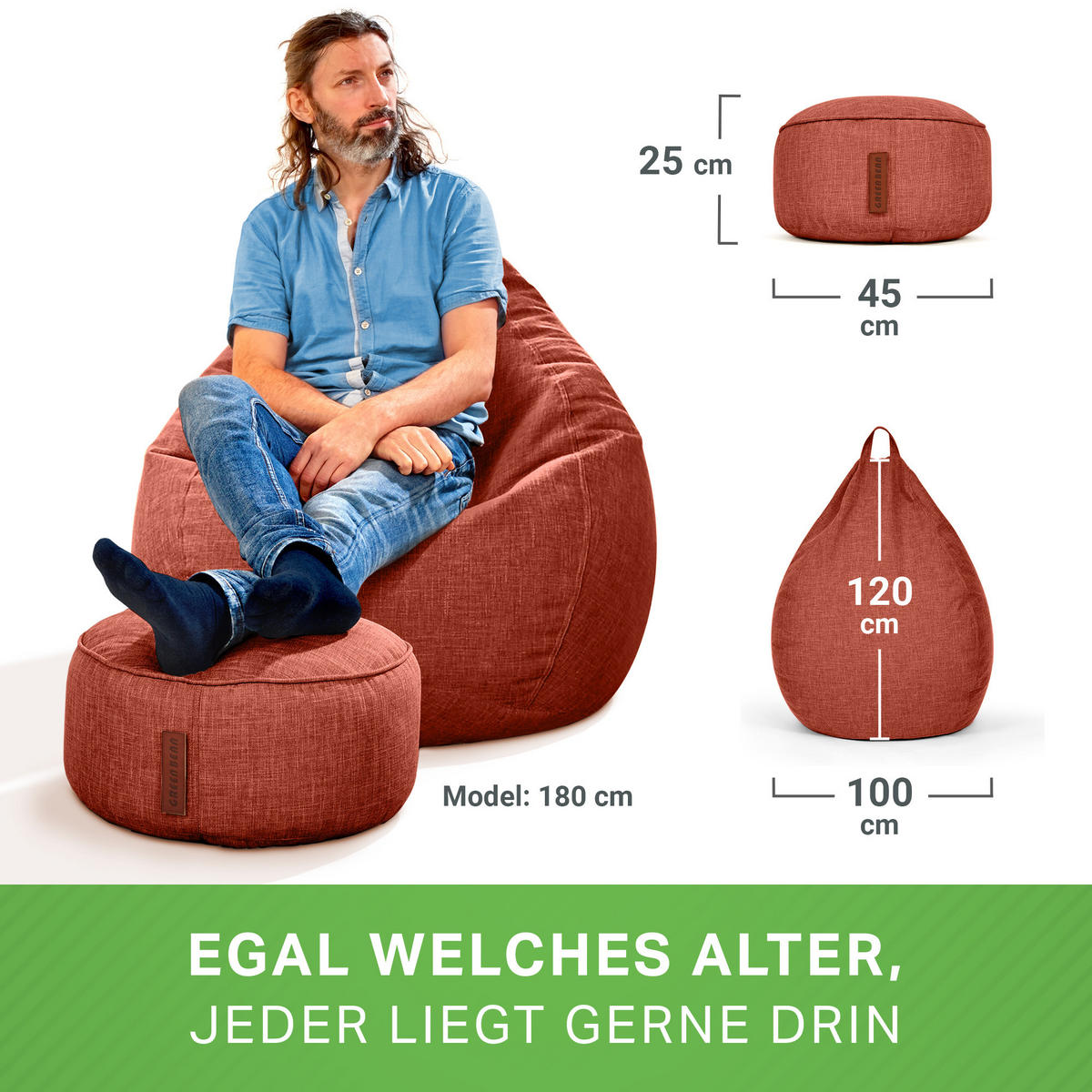 XXL-SITZSACK Indoor "Home Linen“+Hocker - Rot, Textil (100/120/50cm) - Green Bean