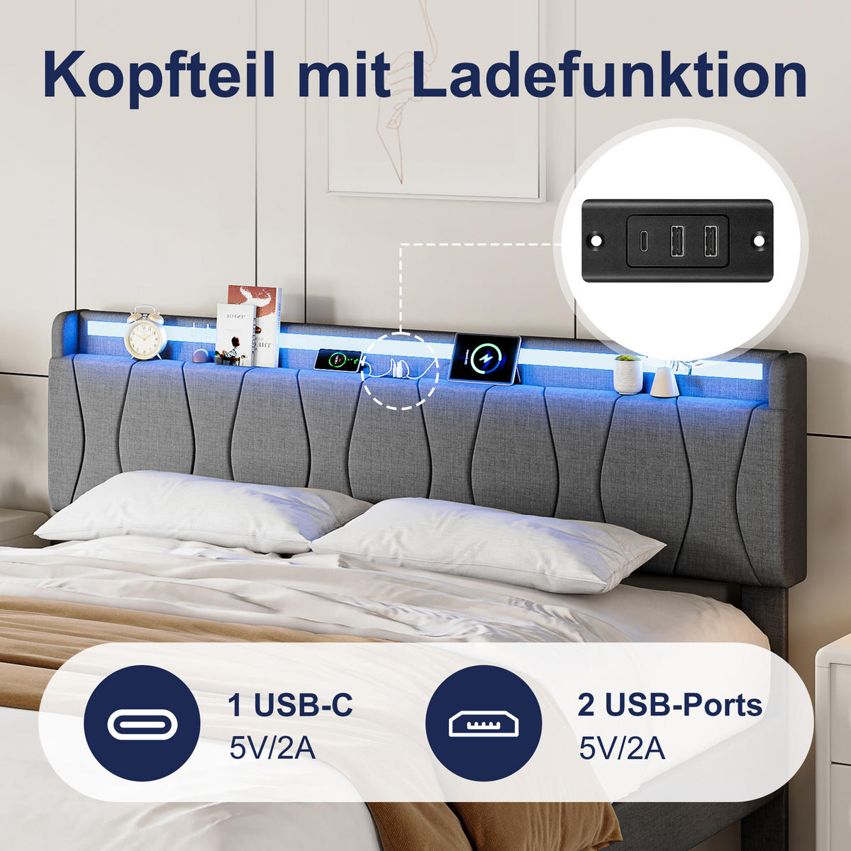 POLSTERBETT 160x200 cm mit LED & USB, Lattenrost, Grau - Grau, Metall (160/200cm)