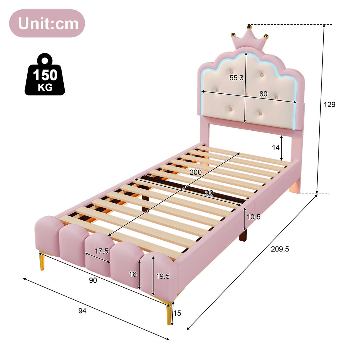 BETT mit Lattenrost 90x200 cm PU Pink - Pink, Holz (90/200cm) - Meubliv