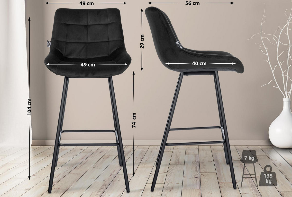 BARHOCKER Samt schwarz - Schwarz, Textil/Metall (49/104/56cm) - CLP