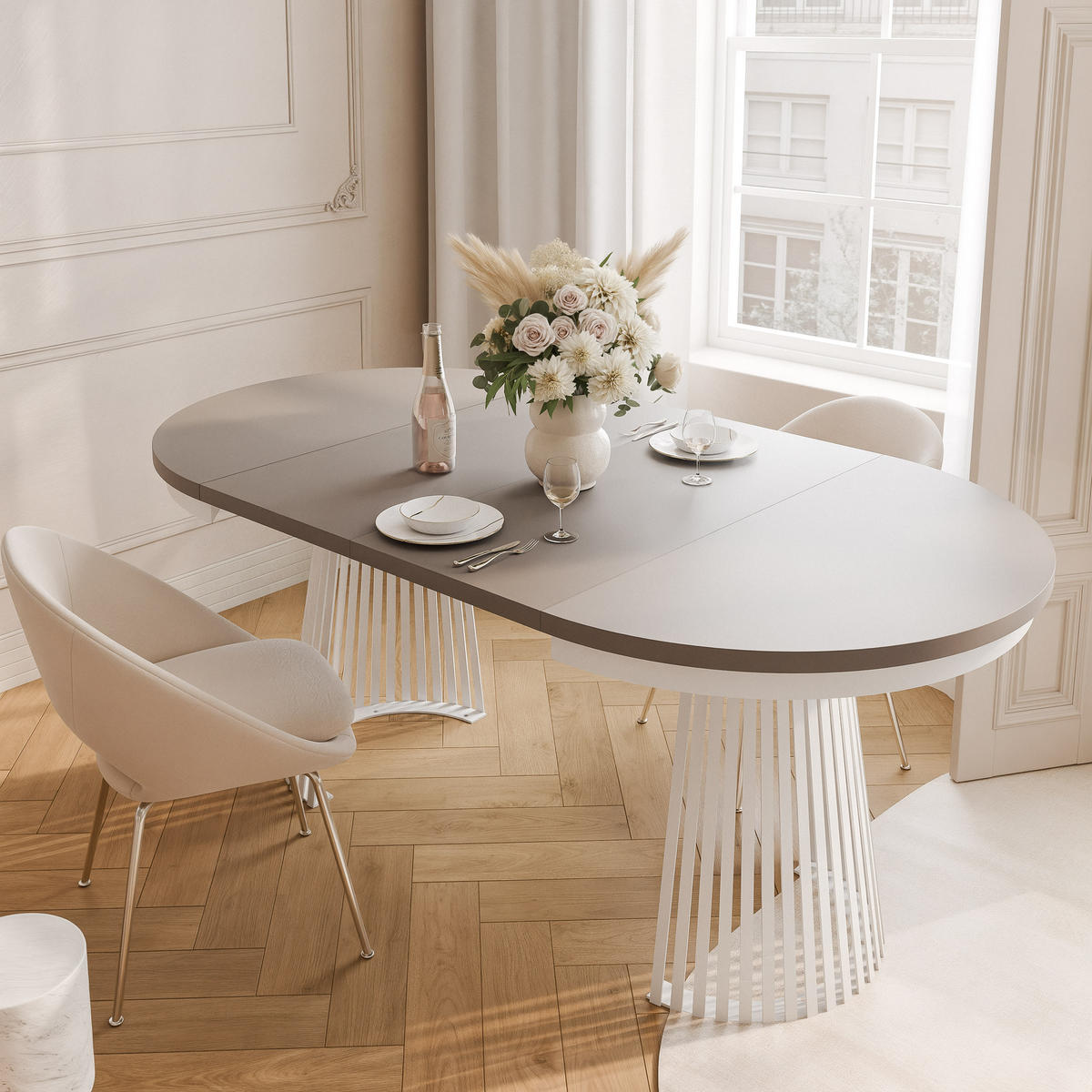AUSZIEHTISCH AUREA 100-180/75 cm, Weiß / Lehmgrau - Greige/Weiß, Holzwerkstoff/Metall (100/100/75cm) - Idohome