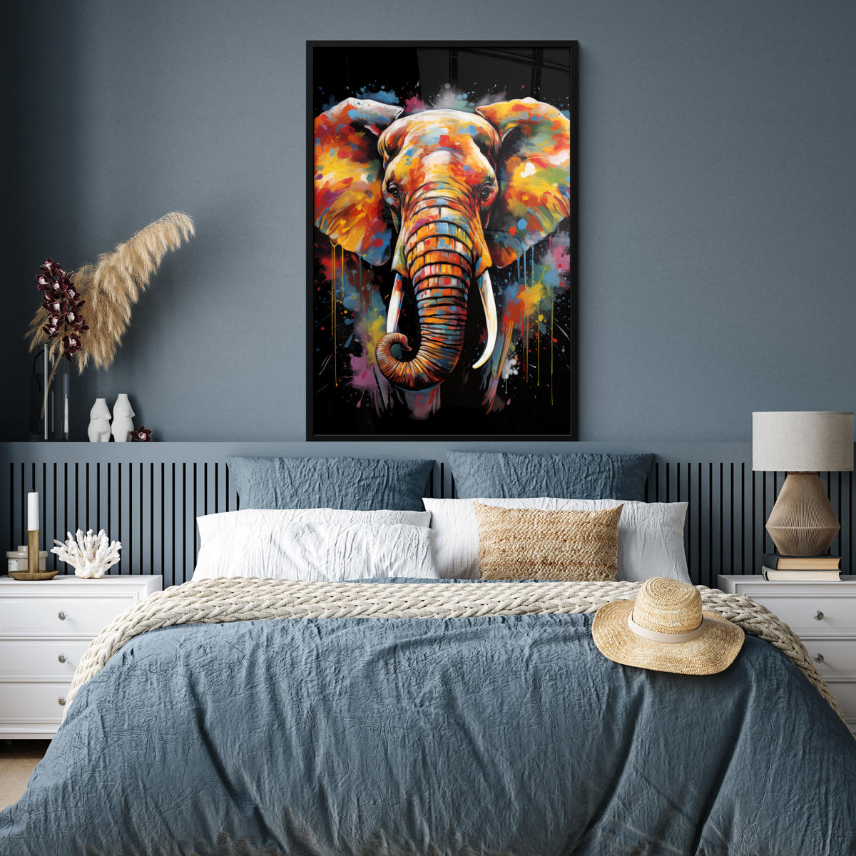 GERAHMTES BILD Elefant - Graffiti - Schwarz - Tiere - Farben 80x120 cm - Schwarz, Papier (80/120cm) - MuchoWow