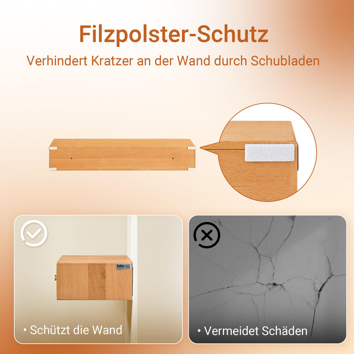 SCHWEBEREGAL mit 2 Schubladen, 60×20×10 cm, Natur - Naturfarben, Holzwerkstoff (60/10/20cm) - SoBuy