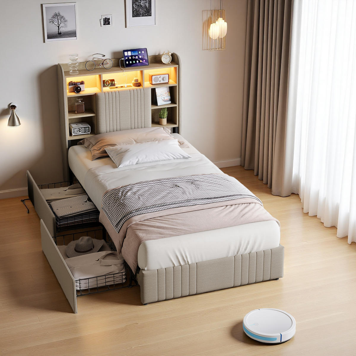 POLSTERBETT 90x200 BEIGE Leinenoptik, 2 Schubladen, USB - Beige, Holz - SHOPENTRA